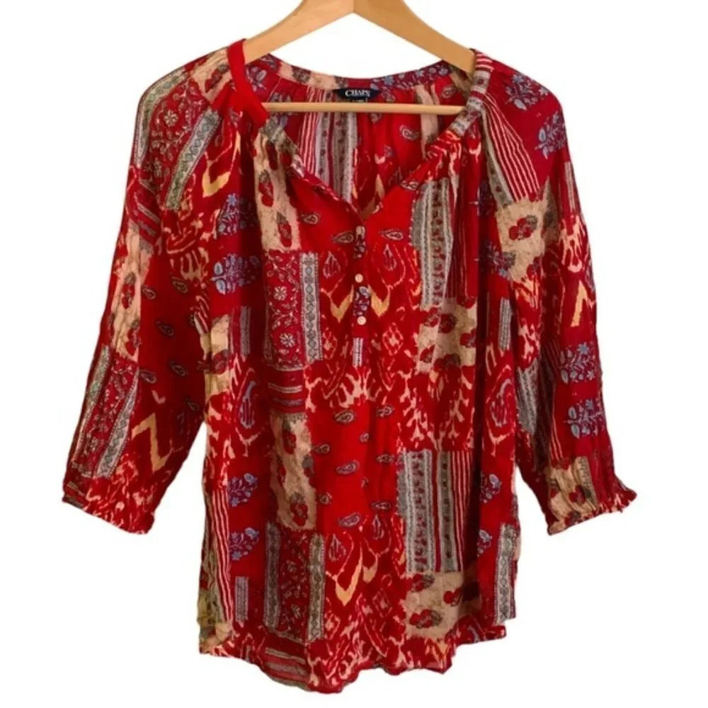 Chaps Patchwork Peasant Blouse Boho Aztec - image 2
